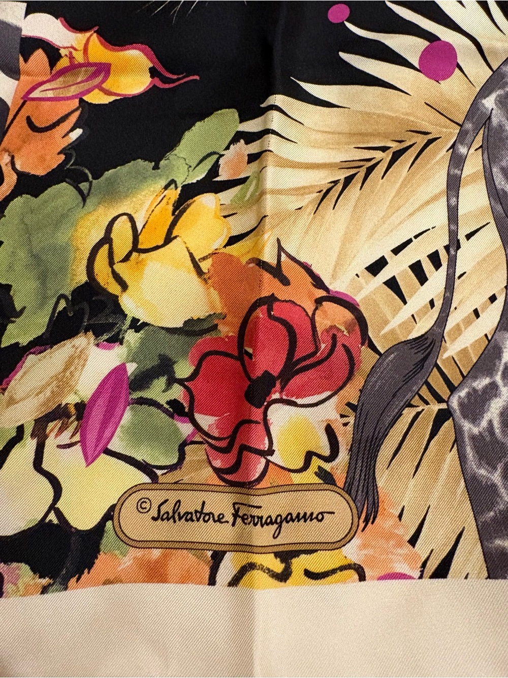 Vintage Salvatore Ferragamo Silk Scarf 34” Zebra Leopard Giraffe Italy